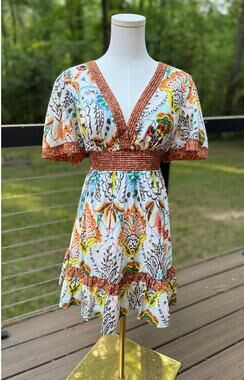 Stellah XS Boho Paisley Floral Mini Dress Flutter Sleeve Tie Waist Festival